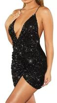 N-A1902-Vestido Paetê Sexy Decote Festa Balada Curto Preto Dourado