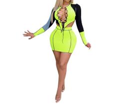 N-B0103-Conjunto Feminino Blusa Top Cropped Saia Festa Balada Neon