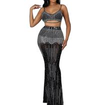 N-B0130-Conjunto Festa Top Cropped Saia Pedraria Brilho Luxo M36