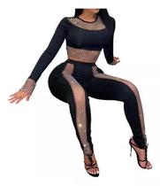 N-B0309-Conjunto Feminino Top Cropped Calça Brilho Festa Balada A6