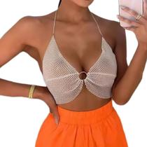 N-B0407-Blusa Top Cropped Strass Brilho Festa Carnaval Balada Réveillon