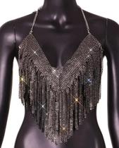 N-B0438- Top Cropped Blusa Strass Brilho Franja Festa Revellion C6