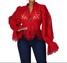 N-C2301-Blusa Renda Branca Laise Lese Manga Longa Festa Natal Réveillon Elegante Chique Plus Size