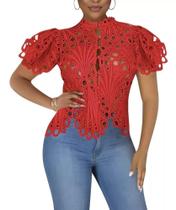 N-C2302-Blusa Renda Lese Gola Alta Manga Bufante Plus Size 19b