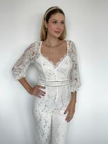 N-C2401-Macacão Feminino Longo Branco Renda Bordado Festa Réveillon Casamento Noiva