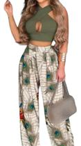 N-D0322-Conjunto Feminino Sexy Festa Estampado Blusa Calça Pantalona