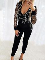 N-D0701-Macacão Feminino Longo Preto Lantejoulas Paetê Franja Brilho Manga Longa Pantacourt Festa Réveillon Carnaval