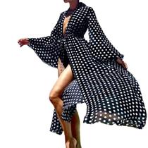 N-E0502-Saída Praia Feminina Longa Kimono Proteção solar Preto Branco Bolinhas Clássica