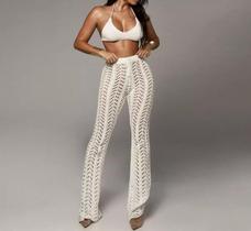 N-E1301-Calça Pantalona Flare Tricô Crochê Saída Praia Sexy M40