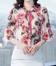 N-F1005-Blusa Camisa Feminina Social Elegante Floral Laço Babado