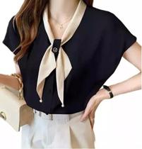 N-F1006-Camisa Blusa Social Feminina Evangélica Laço Gravata Lg7