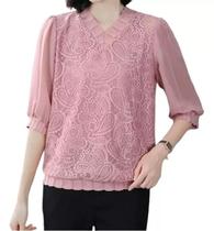 N-F1007-Camisa Blusa Feminina Social Bordada Renda Manga Bufante