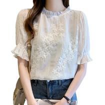 N-F1106-Blusa Camisa Feminina Branca Social Elegante Bordada Babado Floral