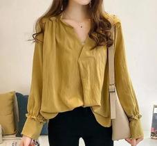 N-F2102-Camisa Blusa Social Feminina Plus Size Solta Manga Longa