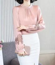 N-F3001-Camisa Blusa Feminina Social Franzida Manga Bordada Renda