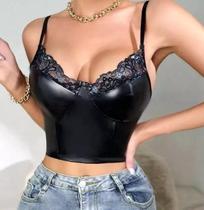 N-G0205-Blusa Top Cropped Corpete Corselet Renda Couro Preto 137z N-G0205-Blusa Top Cropped Corpete Corselet Renda Couro Preto 137z