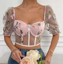 N-G0313-Top Cropped Blusa Tule Bordada Balada Carnaval Rosa A11