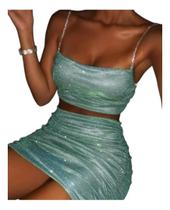 N-G1702-Conjunto Feminino Top Cropped Pedraria Saia Lurex Brilho J22