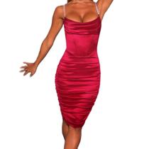 N-G1704-Vestido Festa Luxo Balada Alças Finas Franzido Brilhante Curtinho Curto Decotado Moda Moderno Colado Acinturado