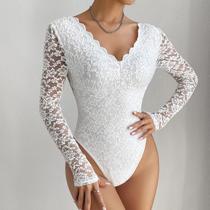N-G3502-Body Blusa Festa Luxo Manga Longa Rendado Decote em V Floral Transparência Justo Moderno 5AG0403