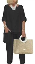 N-H1101-Conjunto Feminino Branco Pantalona Blusa Plus Size Linho 72q