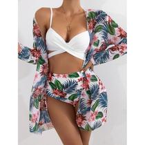 N-J0601-Biquíni Bikini Conjunto Bojo Com Kimono Saída Praia Hotpants Floral N-J0601-Biquíni Bikini Conjunto Bojo Com Kimono Saída Praia Hotpants Floral