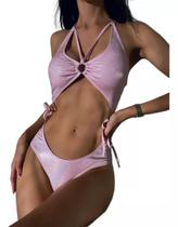 N-J0713-Bikini Biquíni Maiô Aberto Cavado Lançamento Luxo Rosa 3m