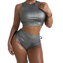 N-J0714-Bikini Biquini Feminino Brilhante Amarração Lateral Cintura Alta Hot Pant Piscina Resort Confortável 5AG0210