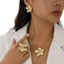 N-L02139-Conjunto Feminino Colar e Brinco Anel Dourado Festa Carnaval Formatura Festivais De Música l Madrinha