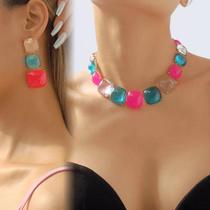 N-L0362-Conjunto Feminino Colar e Brinco Colorido Quadrado Resina Festa Formatura Madrinha Presente Elegante
