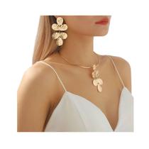 N-L0383-Conjunto Feminino Colar e Brinco Dourado Grande Flores Festa Carnaval Praia Festivais De Música