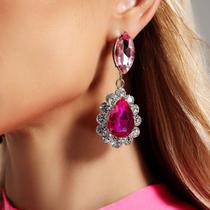 N-L1907-Brinco Feminino Gota Strass Zirconia Rosa Pink Festa Noiva Formatura Namorada Debutante Presente Brilho