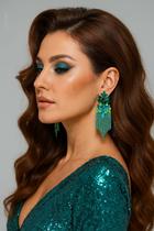 N-L1914-Brinco Feminino Longo Gota Strass Zirconia Verde Franja Festa Natal Formatura Namorada Presente