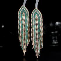 N-L1967-Brinco Feminino Long Verde Esmeralda Dourado Franja Strass Zirconia Festa Noiva Formatura Namorada Presente