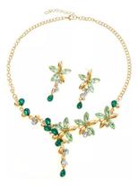 N-L1976-Conjunto Feminino Colar e Brinco Verde Strass Flor Zirconia Festa Formatura Madrinha Namorados Delicado