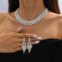 N-L3218-Conjunto Feminino Colar e Brinco Strass Zirconia Brilhante Festa Casamento Noiva Casal Luxo Elegante
