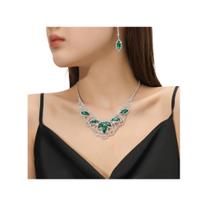 N-L3219-Conjunto Feminino Colar e Brinco Esmeralda Strass Coroa Zirconia Festa Formatura Madrinha Namorados Delicado