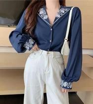 N0146-Camisa Blusa Social Feminina Elegante Gola Bordada Retrô