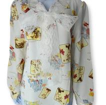 N0166-Blusa Casual Comfy Estampado Manga Longa Botões Abotoar Laço Renda Babado Moderno 5AG0507