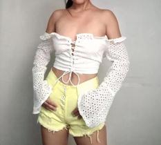 N0172-Blusa Camisa Feminina Sexy Branco Renda Lese Rechilieu