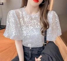 N0180-Blusa Feminina Branca Fest Carnaval Paetê Bufante N0180-Blusa Feminina Branca Fest Carnaval Paetê Bufante