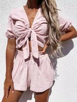 N0296-Conjunto Feminino Blusa Short Linho Casual Chique U11