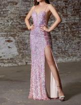 N0350-Vestido Longo Brilho Paetê Rosa Fenda Festa Formatura Luxo