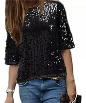 N0371-Blusa Camisa Feminina Lantejoula Brilho Festa Luxo Paetê