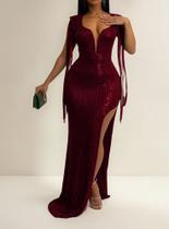 N1061-Vestido Festa Longo Formatura Madrinha Paetê Fenda Luxo 3b