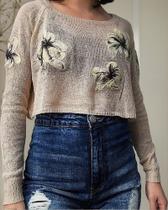 N1182-Blusa Crochê Tricô Bordado Floral Feminina Luxo 184r