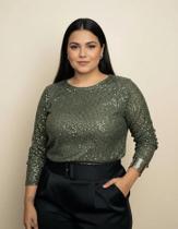 N1314-Blusa Festa Luxo Paetê Manga Longa Gola Redonda Leve 4d1605