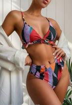 N1423 Biquíni Bikini Bojo Estampado Cintura Alta Babado Sexy H26