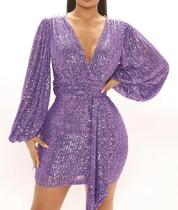 NA0101 Vestido Festa Tubinho Paetê Balada Manga Luxo Bufante Amarração Brilhante Brilhoso Casamento Convidada Debutante Colado Justo Acinturado