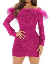 NA0301 Vestido Festa Tubinho Paetê Plus Size Formatura Luxo Plumas Manga Longa Lantejoulas Brilho Brilhante Brilhosa Colada Justa Acinturada Lisa